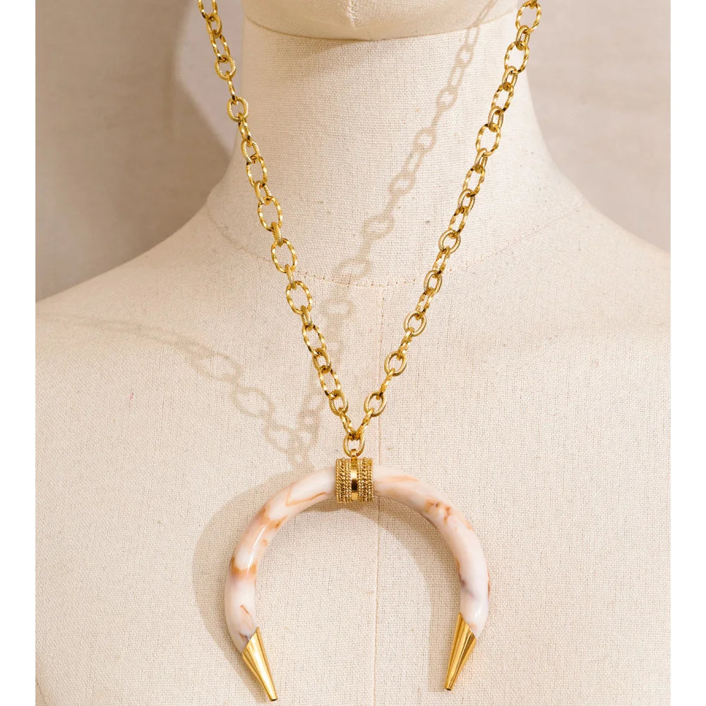 Resin Horn Pendant Long Necklace – Waterproof 18K Gold Plated Necklace | Ezra Gems