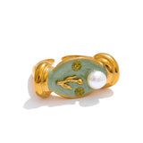 Green Enamel Pearl Flower Ring