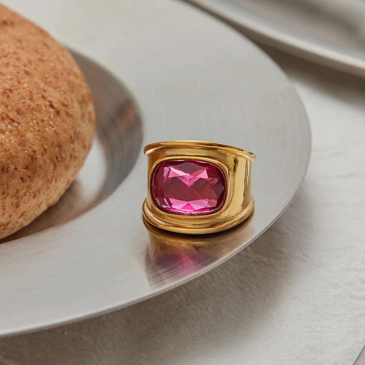 Pink Zirconia Wide Band Ring – Waterproof 18K Gold Plated Ring | Ezra Gems
