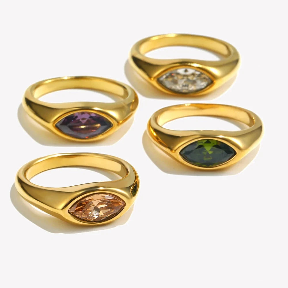 Horse Eye Zircon Signet Ring – Waterproof 18K Gold Plated Ring | Ezra Gems