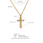 Gold cross necklace with measurement details on a white background