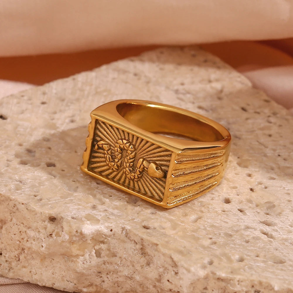 Snake Sunburst Signet Ring – Waterproof 18K Gold Plated Ring | Ezra Gems