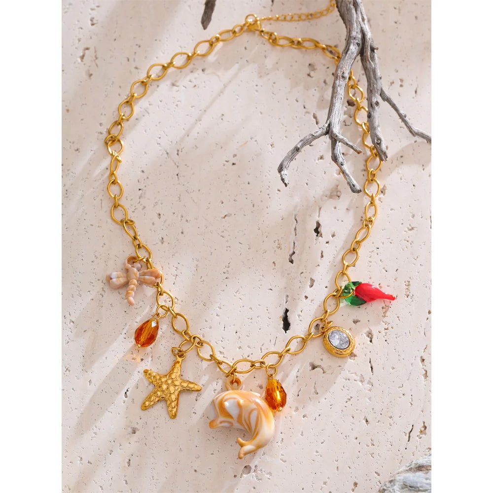 Shell Resin Ocean Charm Pendant Necklace – Waterproof 18K Gold Plated Necklace | Ezra Gems