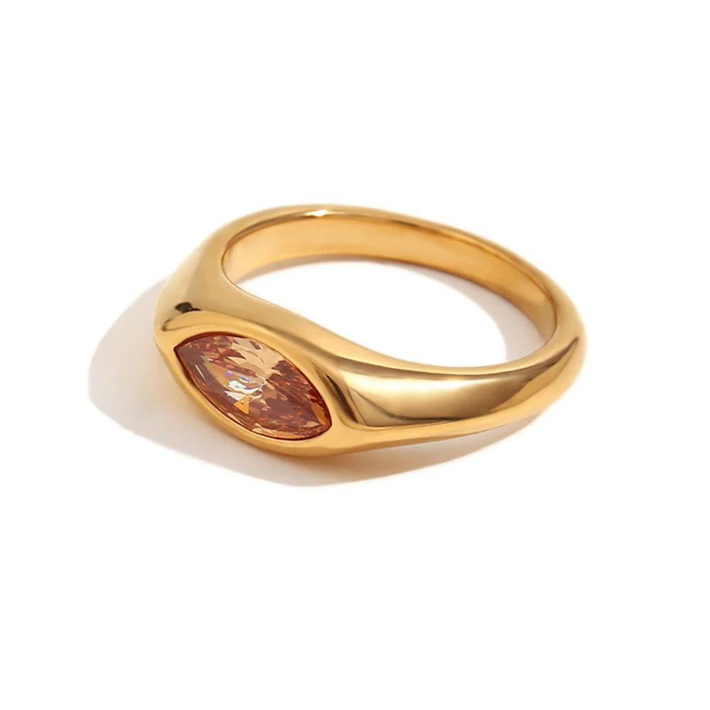 Horse Eye Zircon Signet Ring – Waterproof 18K Gold Plated Ring | Ezra Gems