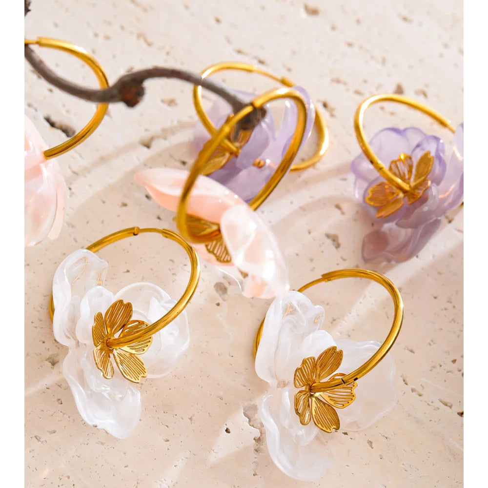 Resin Flower Charm Hoop Earrings – Waterproof 18K Gold Plated Earrings | Ezra Gems