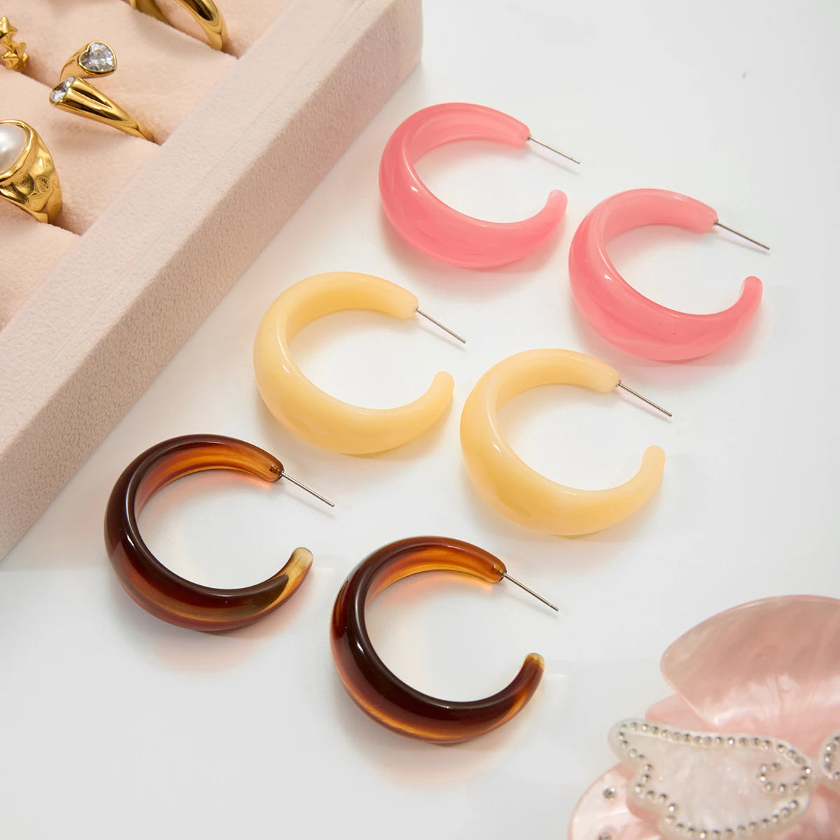 C Shape Resin Statement Stud Earrings – Waterproof 18K Gold Plated Earrings | Ezra Gems