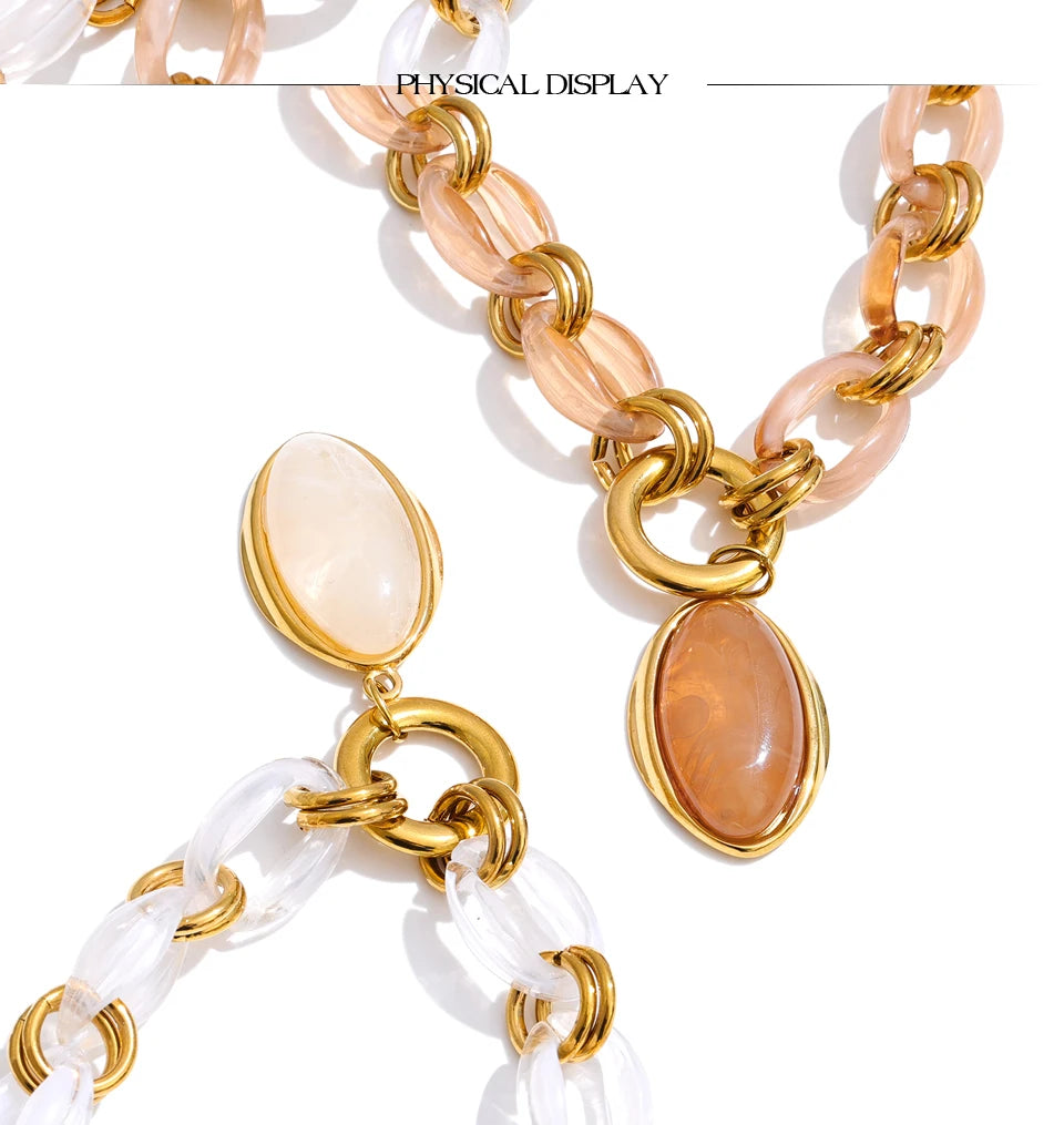 Resin Oval Pendant Chain Necklace – Waterproof 18K Gold Plated Necklace | Ezra Gems