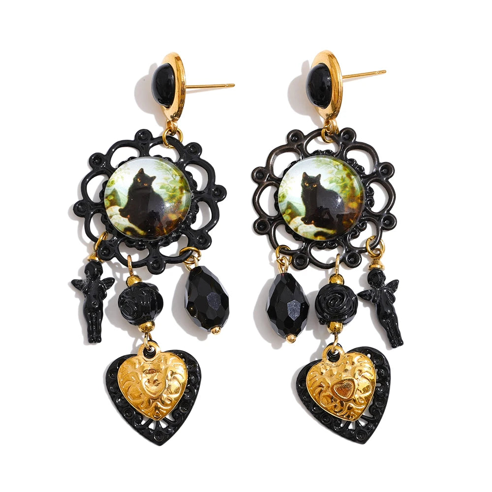 Acrylic Crystal Cat Heart Drop Earrings – Waterproof 18K Gold Plated Earrings | Ezra Gems