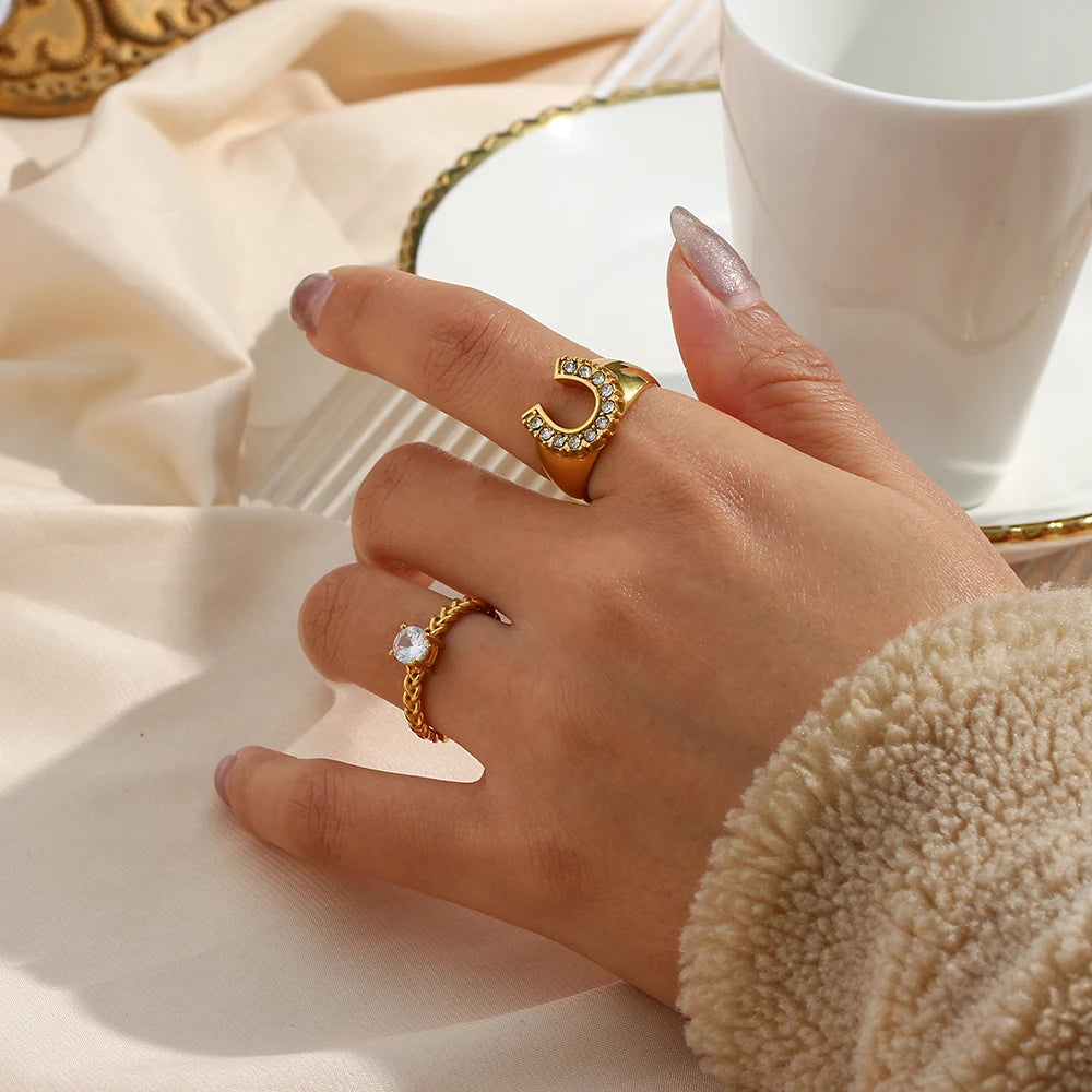 Crystal Pave U Initial Ring – Waterproof 18K Gold Plated Ring | Ezra Gems