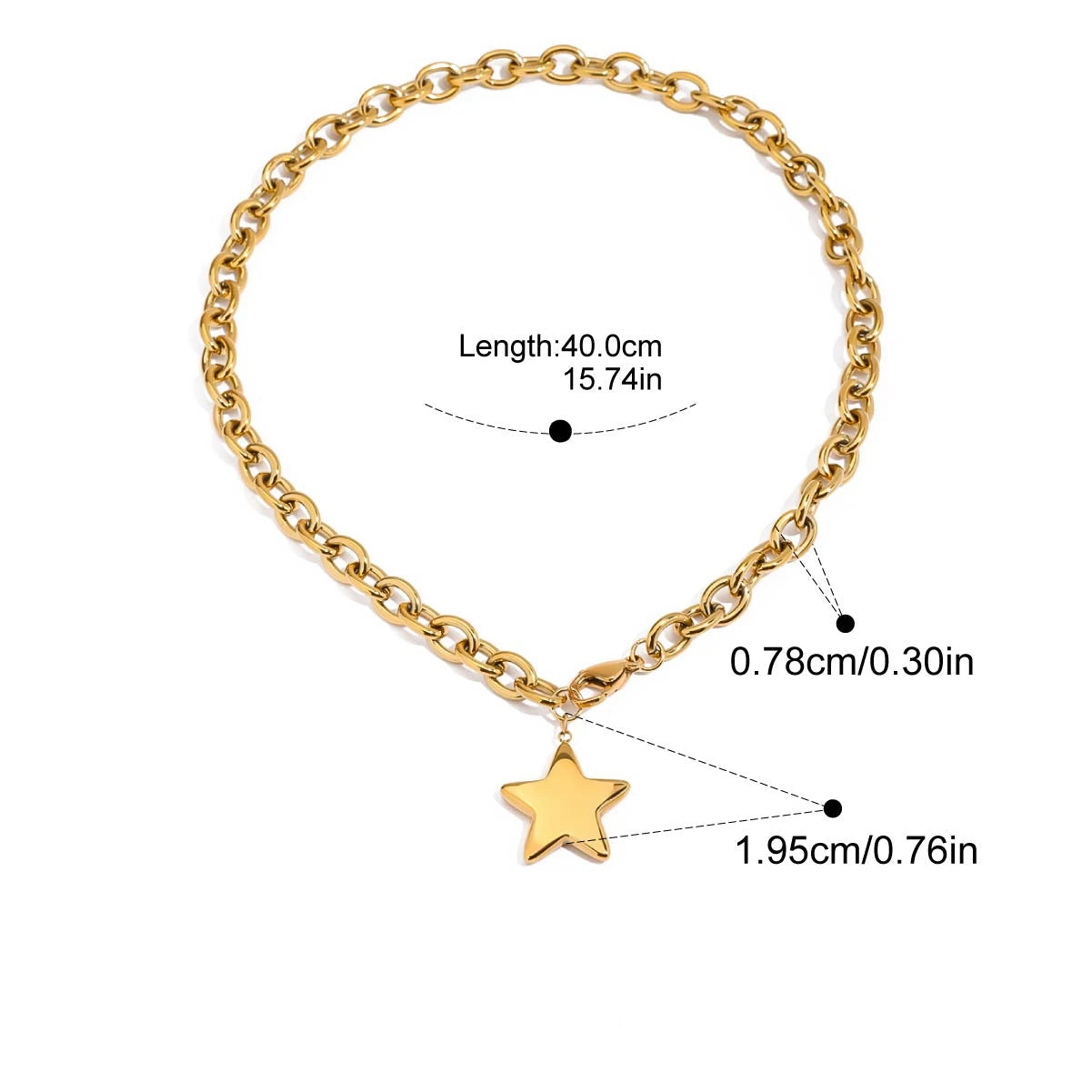 Gold chain bracelet with star charm and measurement details on a white background