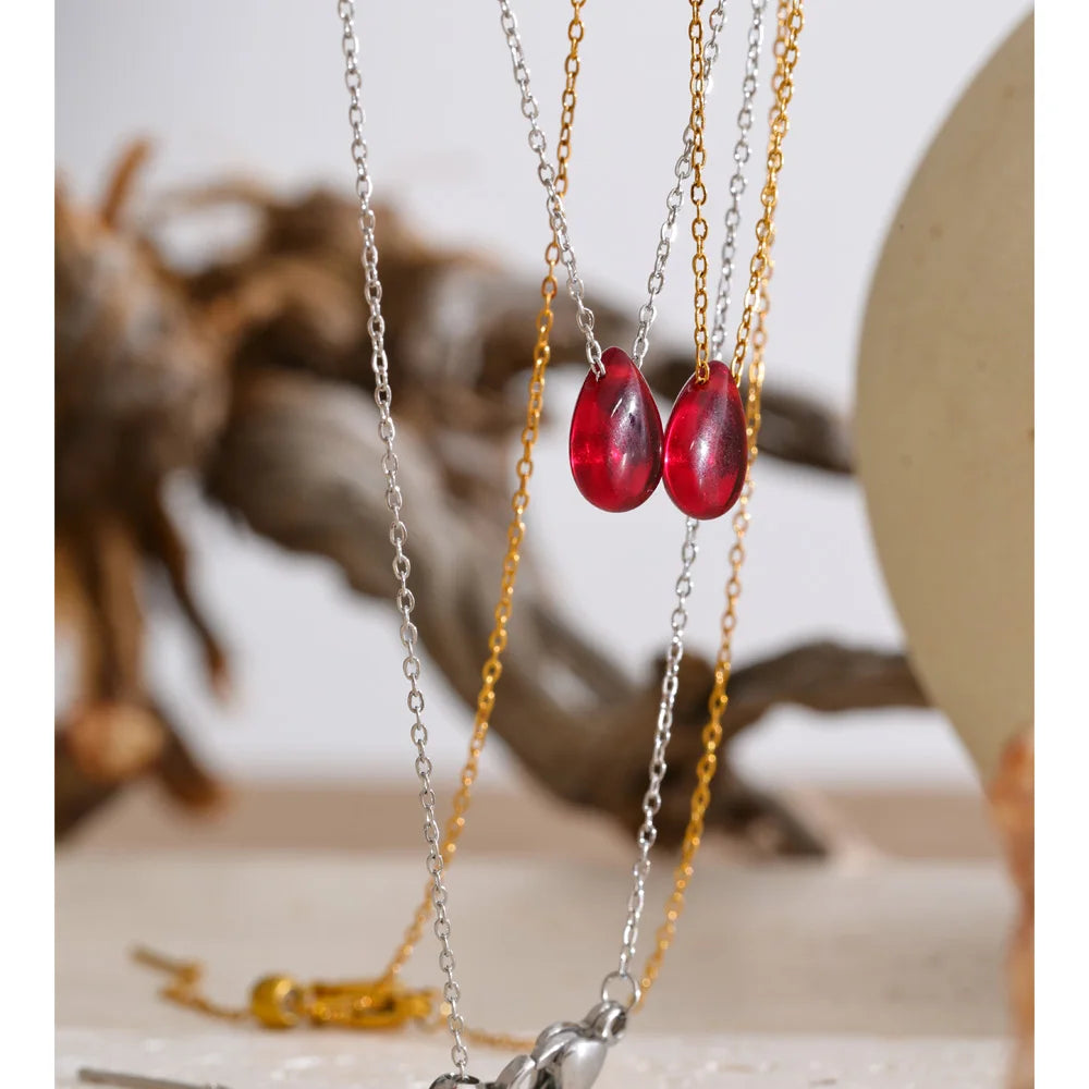 Red Resin Water Drop Pendant Necklace – Waterproof 18K Gold Plated Necklace | Ezra Gems