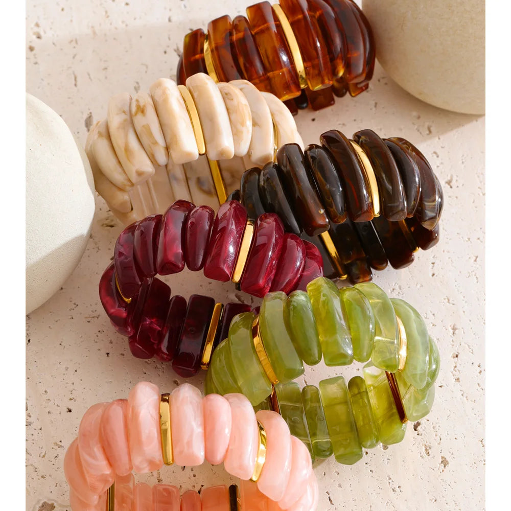 Wide Acrylic Resin Stretch Bangle – Waterproof 18K Gold Plated Bracelet | Ezra Gems