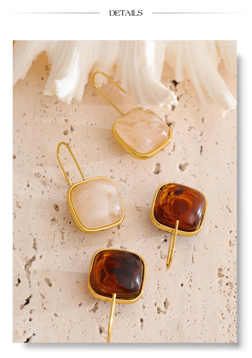 Amber Resin Square Drop Earrings – Waterproof 18K Gold Plated Earrings | Ezra Gems