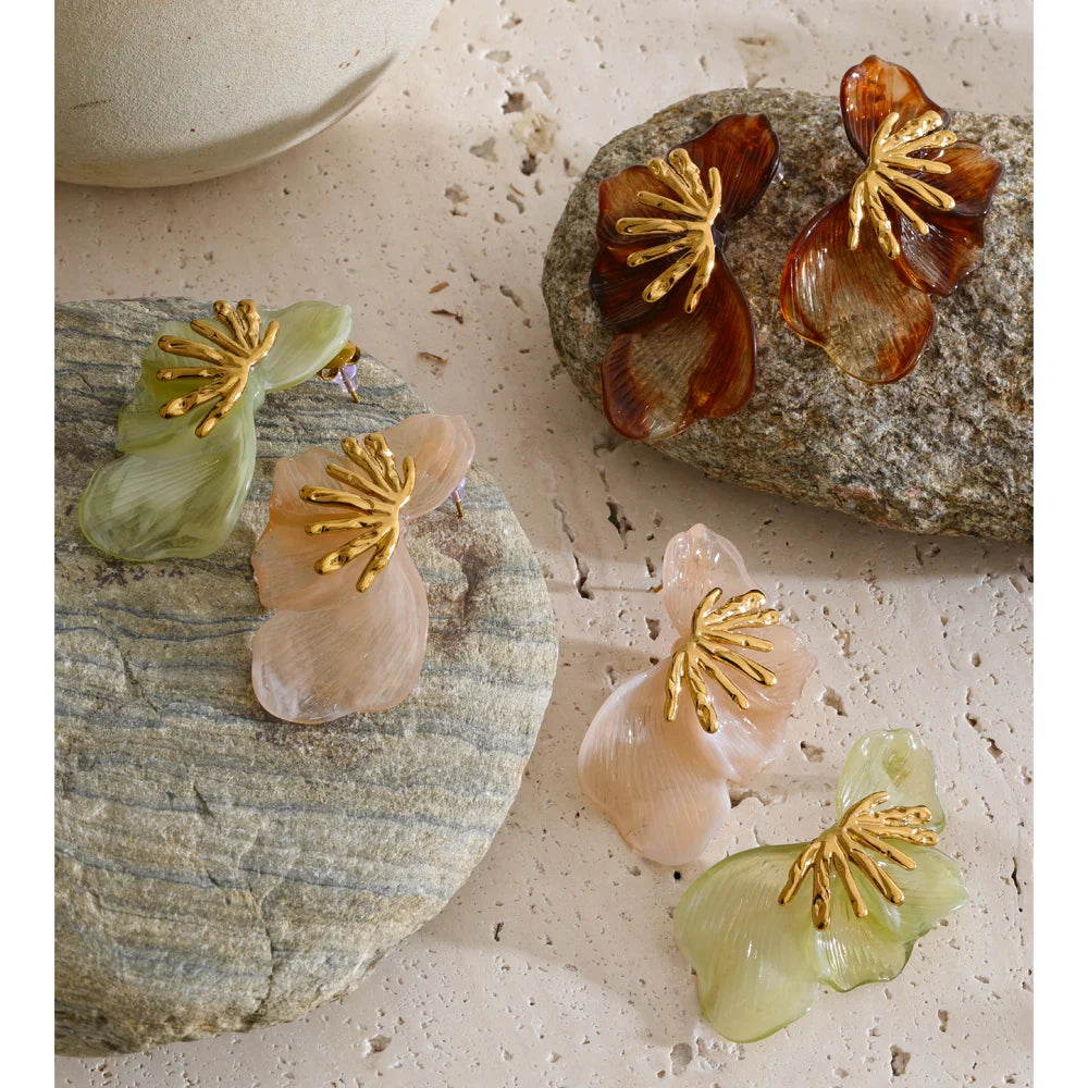 Statement Resin Flower Stud Earrings – Waterproof 18K Gold Plated Earrings | Ezra Gems