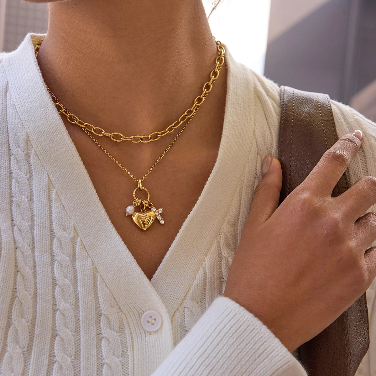 Pearl Cross Heart Pendant Necklace – Waterproof 18K Gold Plated Necklace | Ezra Gems
