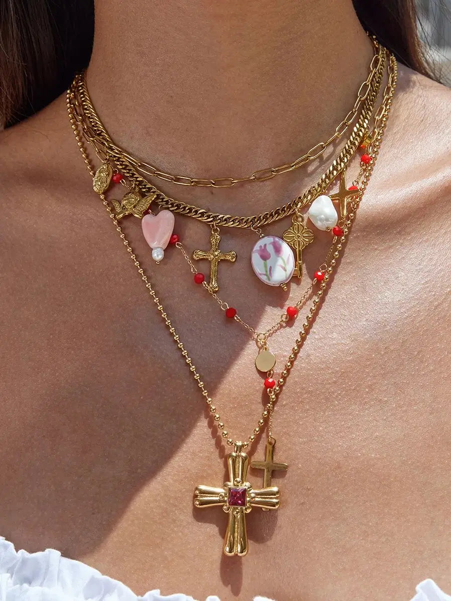 Cross Charm Cluster Necklace – Waterproof 18K Gold Plated Necklace | Ezra Gems