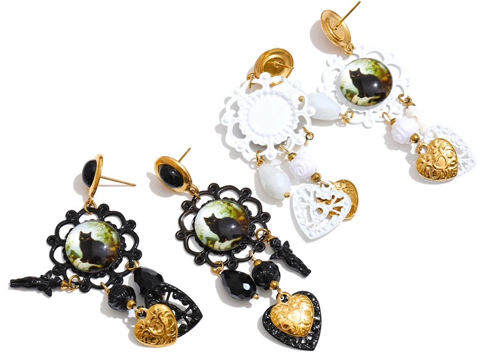 Acrylic Crystal Cat Heart Drop Earrings – Waterproof 18K Gold Plated Earrings | Ezra Gems