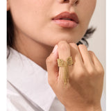 Delicate stainless steel bow ring with chain tassels, adjustable 18K gold plated