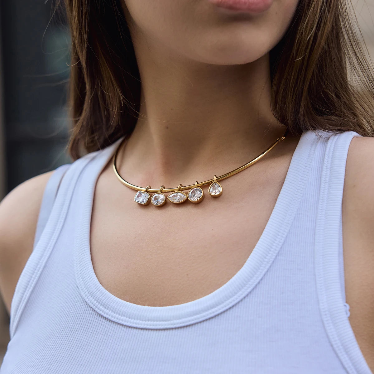 Zircon Charm Rigid Collar Necklace – Waterproof 18K Gold Plated Necklace | Ezra Gems