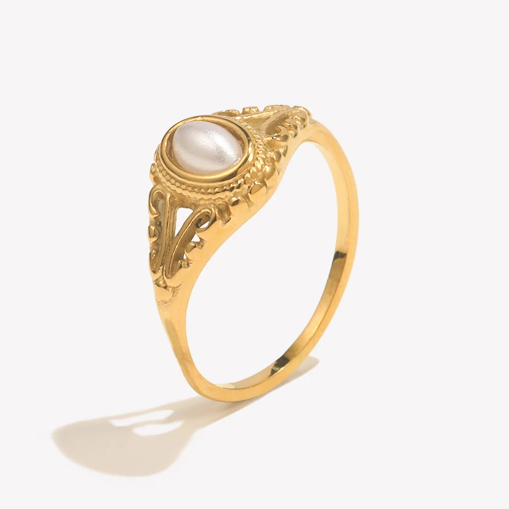 Hollow Texture Pearl Band Ring – Waterproof 18K Gold Plated Ring | Ezra Gems