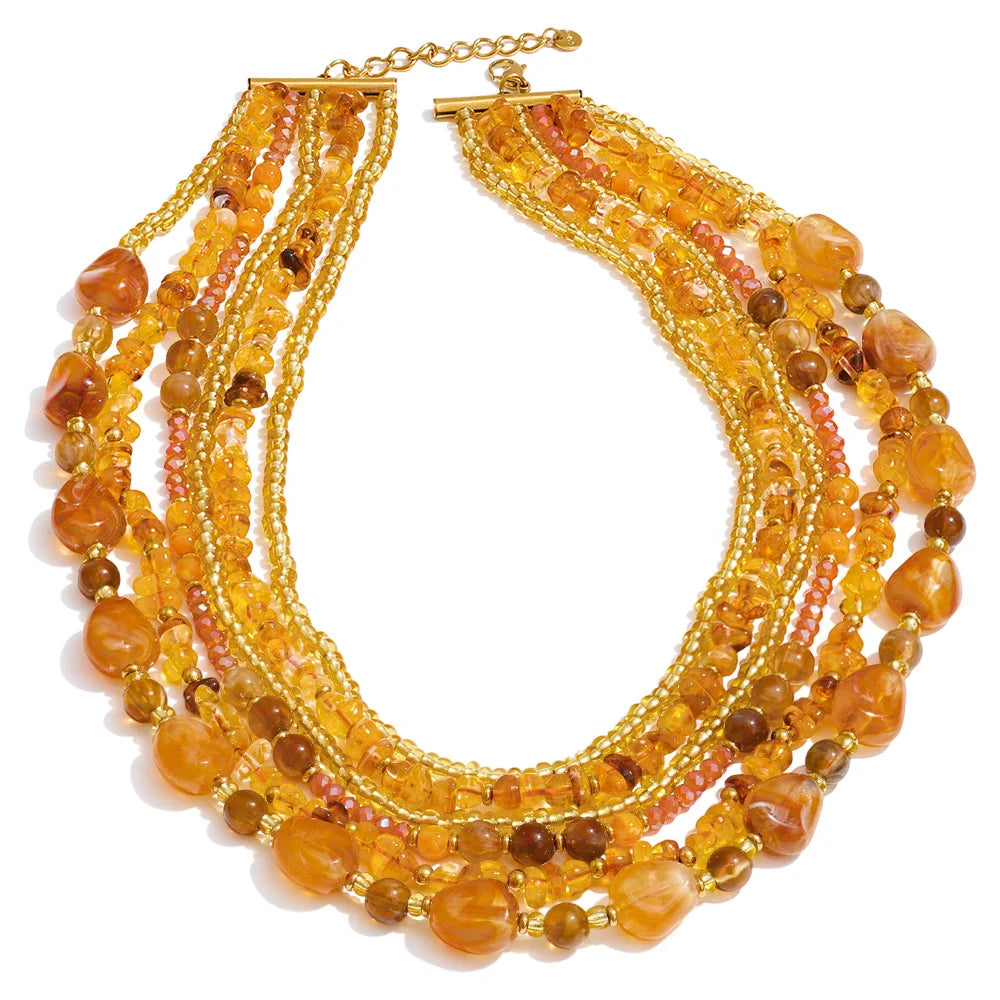 Layered Resin Bead Bib Necklace – Waterproof 18K Gold Plated Necklace | Ezra Gems