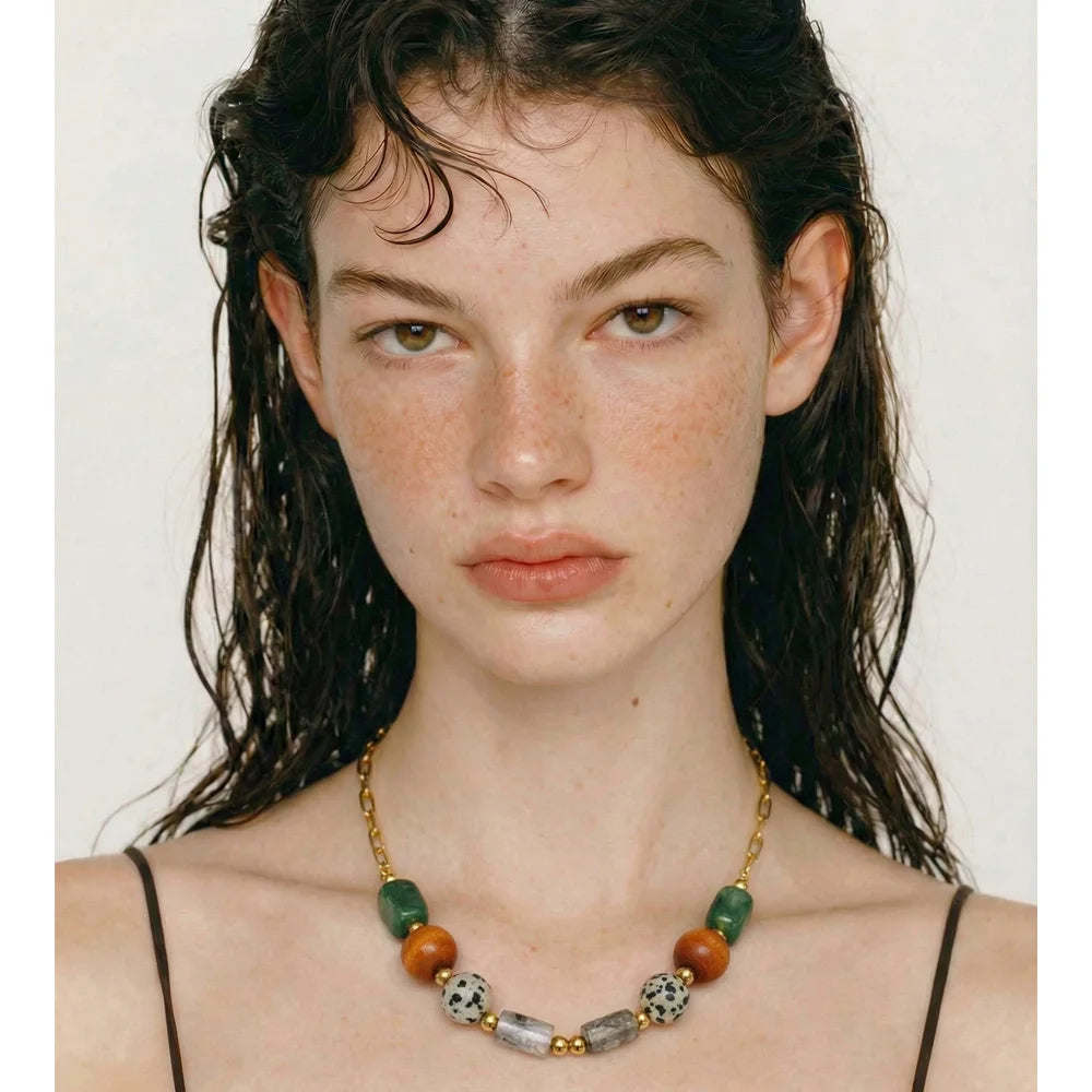 Natural Stone Resin & Wood Bead Necklace