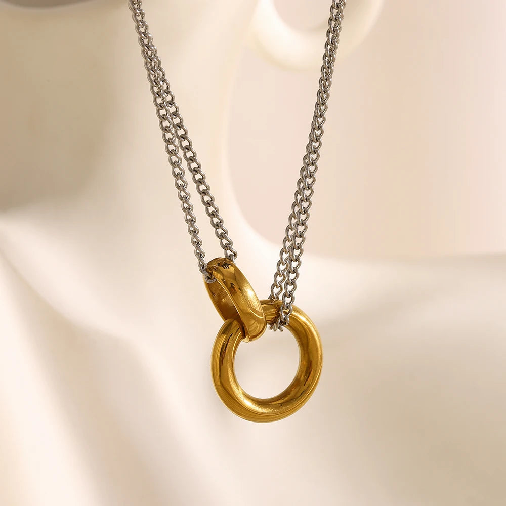 Two-Tone Double Chain Ring Necklace – Waterproof 18K Gold Plated Necklace | Ezra Gems