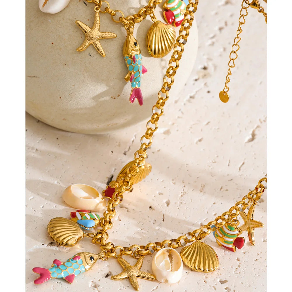Ocean Charm Enamel Starfish Necklace — waterproof hypoallergenic stainless steel 18K gold-plated jewelry | Ezra Gems