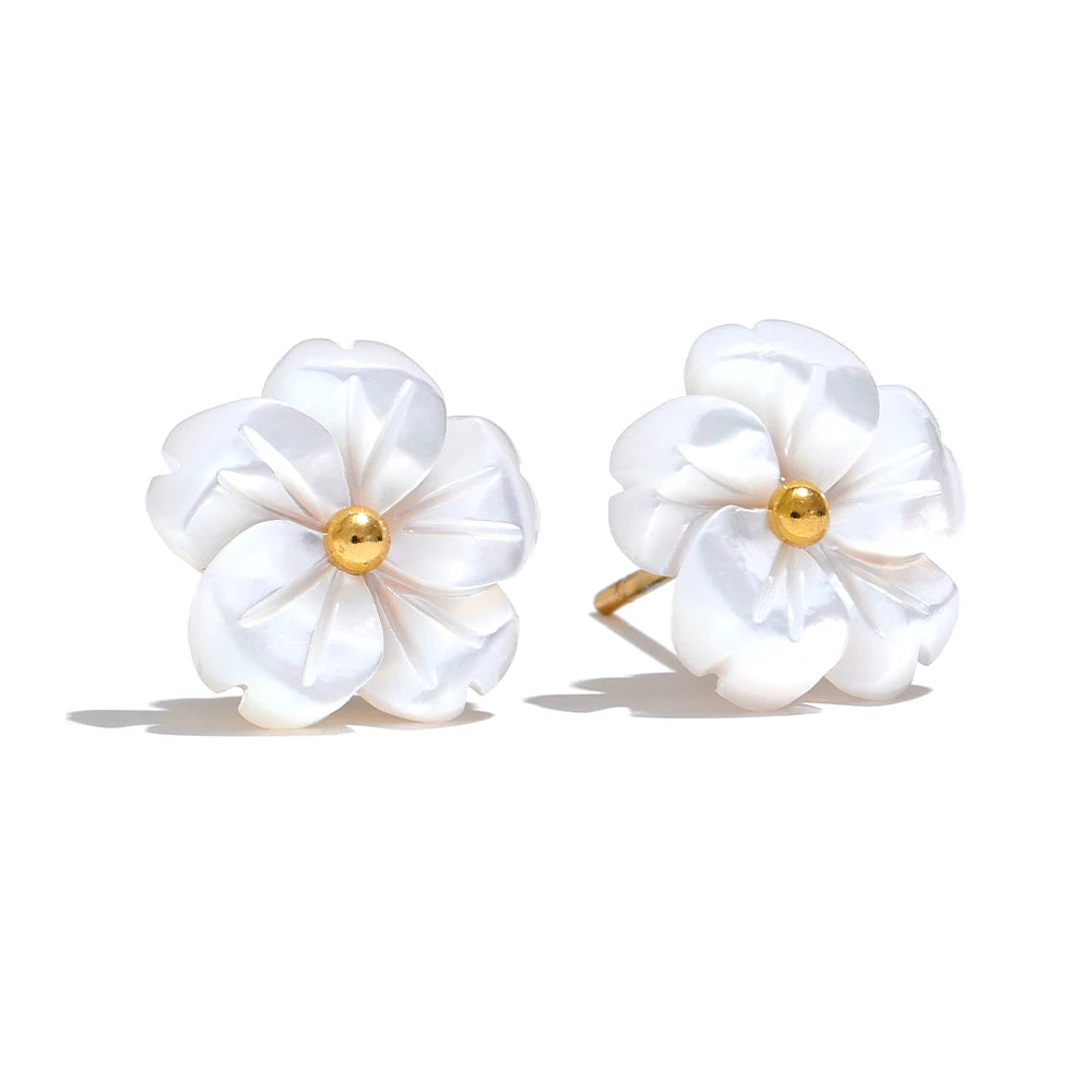 Natural Shell Flower Stud Earrings – Waterproof 18K Gold Plated Earrings | Ezra Gems