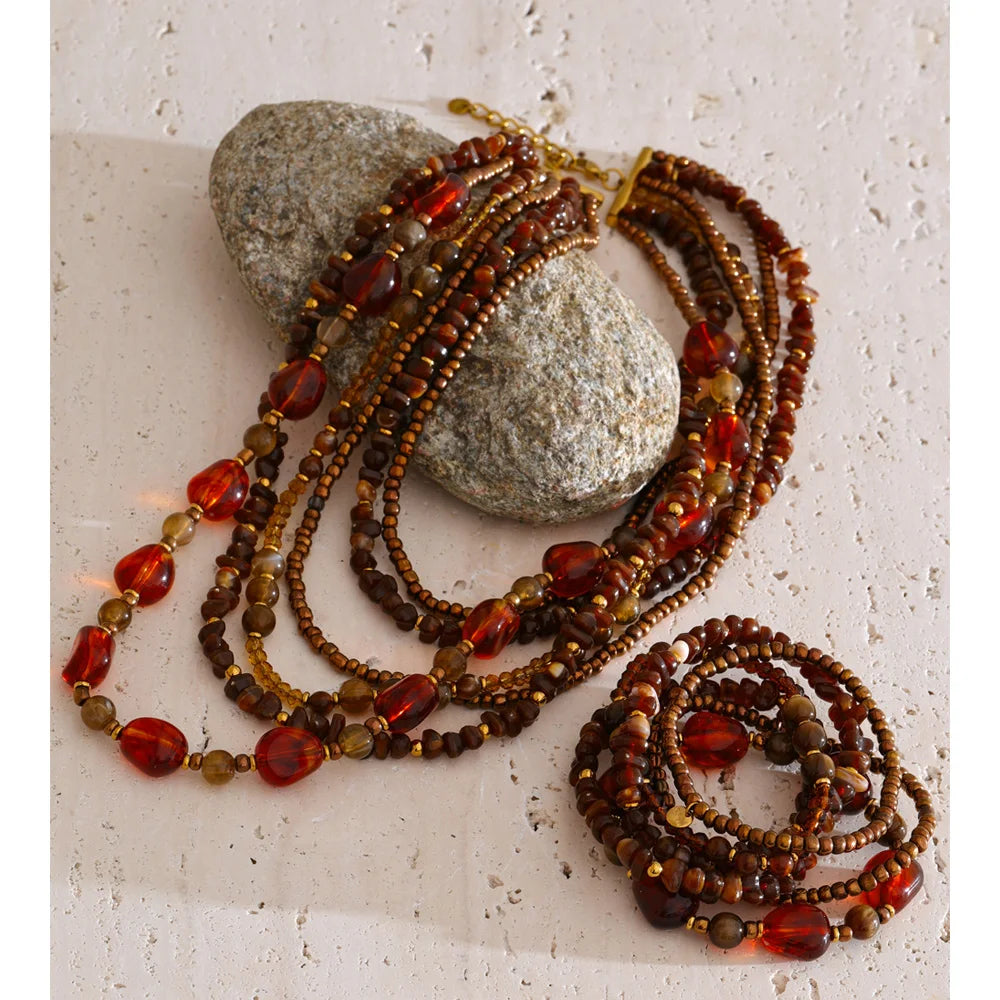 Layered Resin Bead Bib Necklace – Waterproof 18K Gold Plated Necklace | Ezra Gems