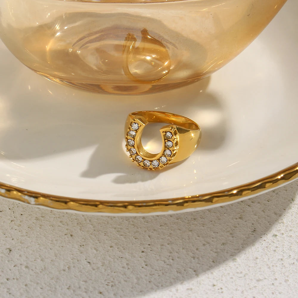 Crystal Pave U Initial Ring – Waterproof 18K Gold Plated Ring | Ezra Gems