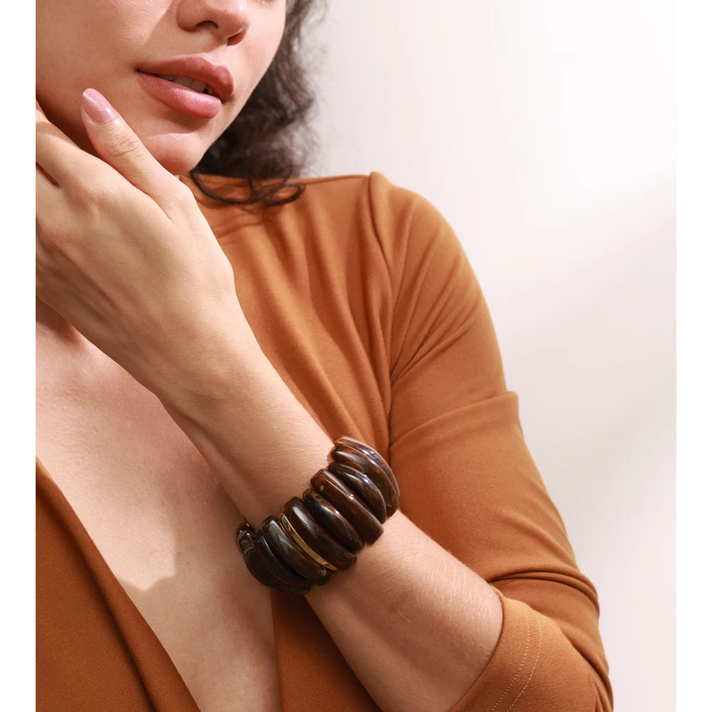 Wide Acrylic Resin Stretch Bangle – Waterproof 18K Gold Plated Bracelet | Ezra Gems