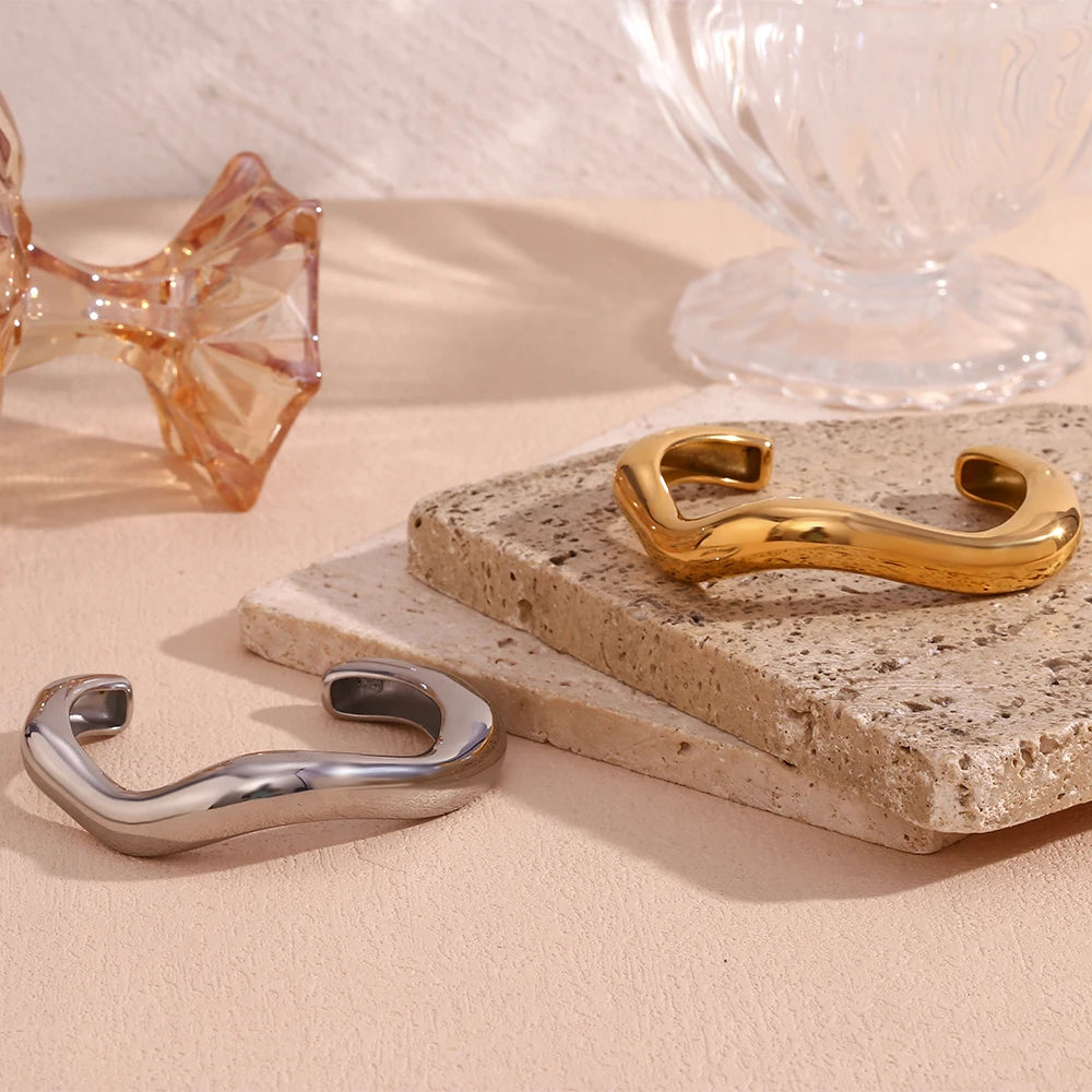Liquid Wave Open Cuff Bracelet – Waterproof 18K Gold Plated Bracelet | Ezra Gems
