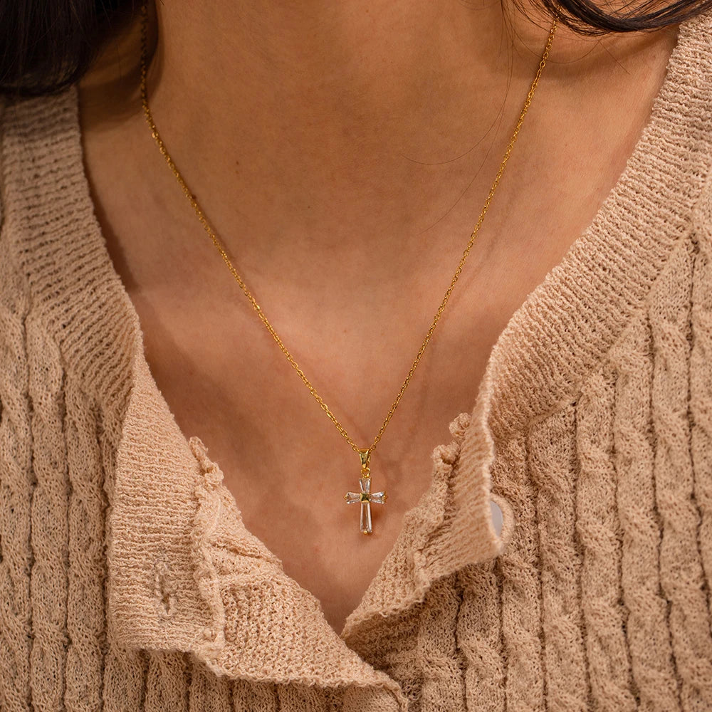 Baguette Zircon Cross Pendant Necklace – Waterproof 18K Gold Plated Necklace | Ezra Gems