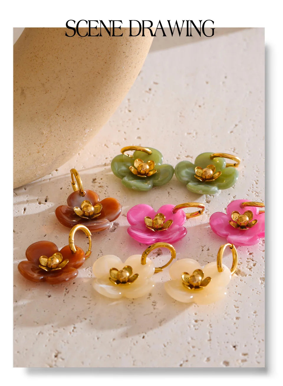 Resin Flower Drop Hoop Earrings – Waterproof 18K Gold Plated Earrings | Ezra Gems