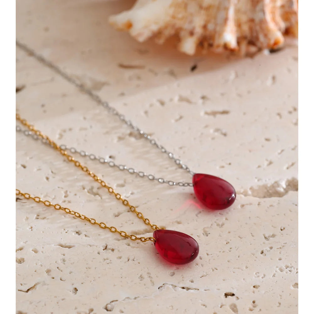 Red Resin Water Drop Pendant Necklace – Waterproof 18K Gold Plated Necklace | Ezra Gems