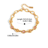 Gold bracelet with pink stones and measurement details on a white background