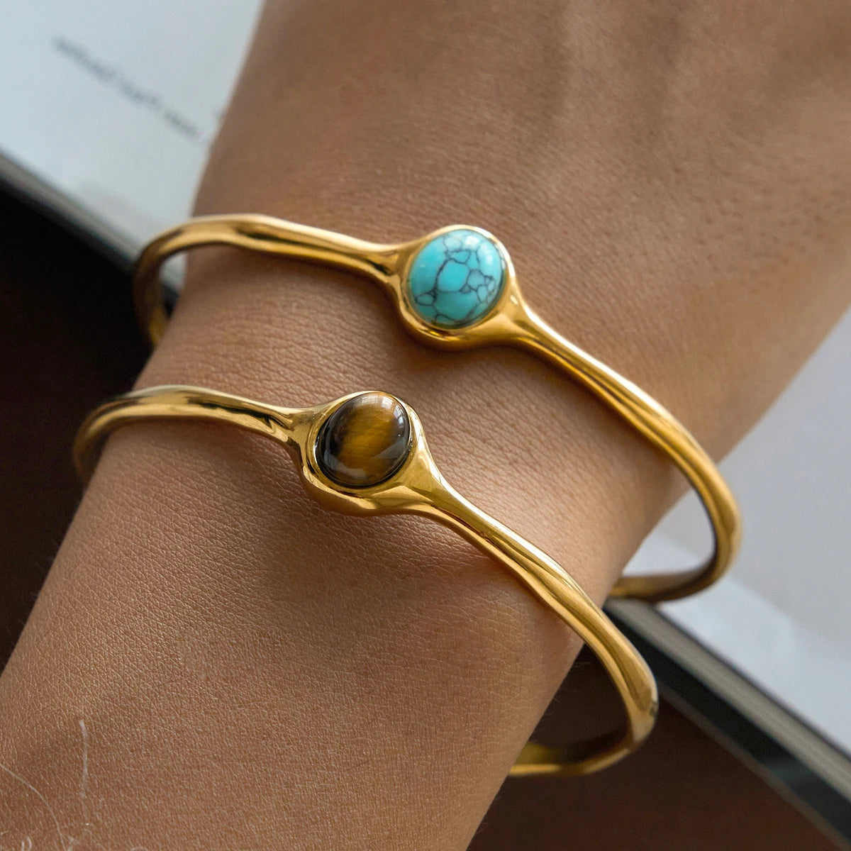 Oval Tiger Eye Stone Cuff Bangle – Waterproof 18K Gold Plated Bracelet | Ezra Gems