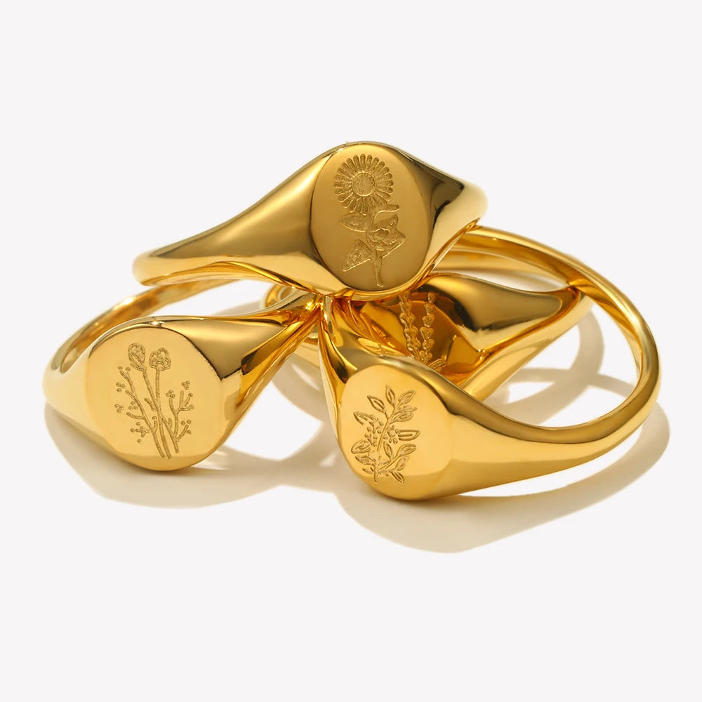 Engraved Wildflower Signet Ring – Waterproof 18K Gold Plated Ring | Ezra Gems