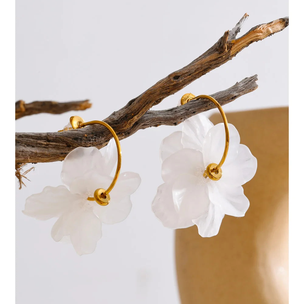 Resin Acrylic Flower Petal Drop Earrings – Waterproof 18K Gold Plated Earrings | Ezra Gems