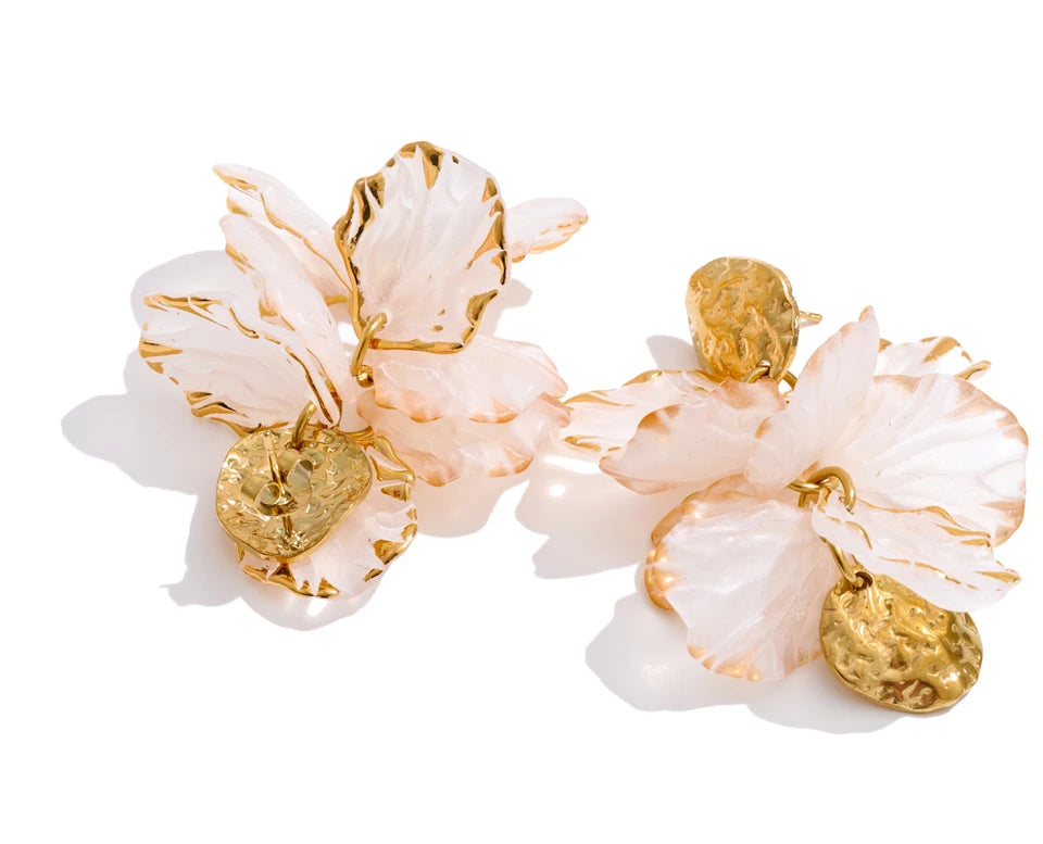 Fairy Resin Flower Petal Drop Earrings – Waterproof 18K Gold Plated Earrings | Ezra Gems