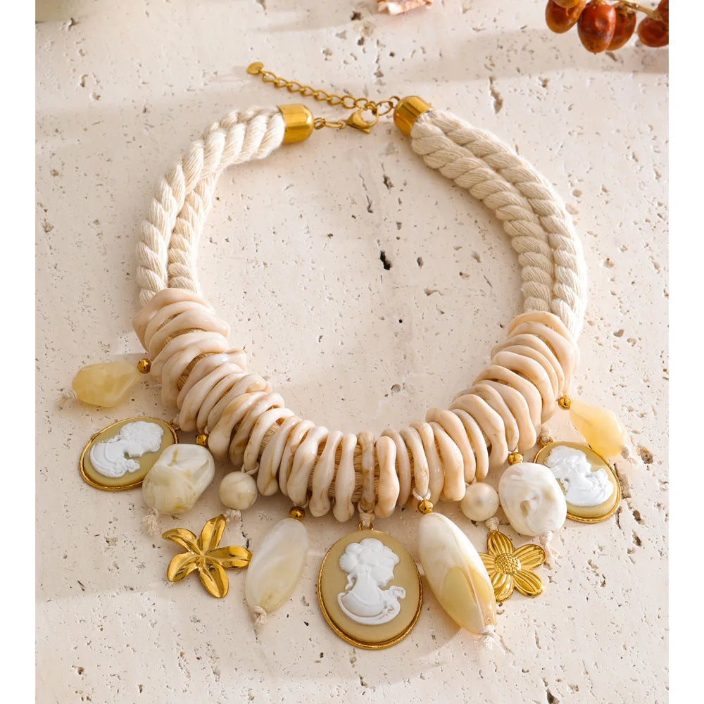 Braided Rope Resin Portrait Charm Necklace – Waterproof 18K Gold Plated Necklace | Ezra Gems