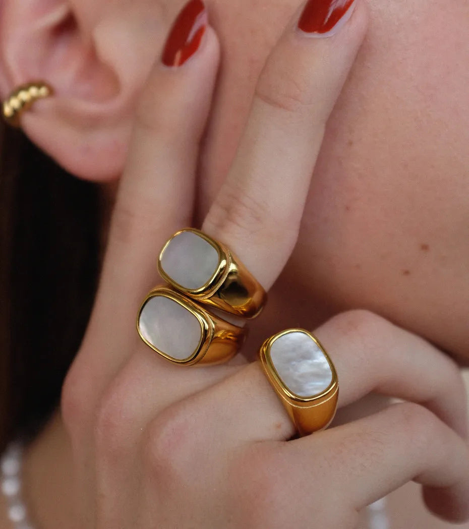 Zircon Shell Chubby Dome Ring – Waterproof 18K Gold Plated Ring | Ezra Gems