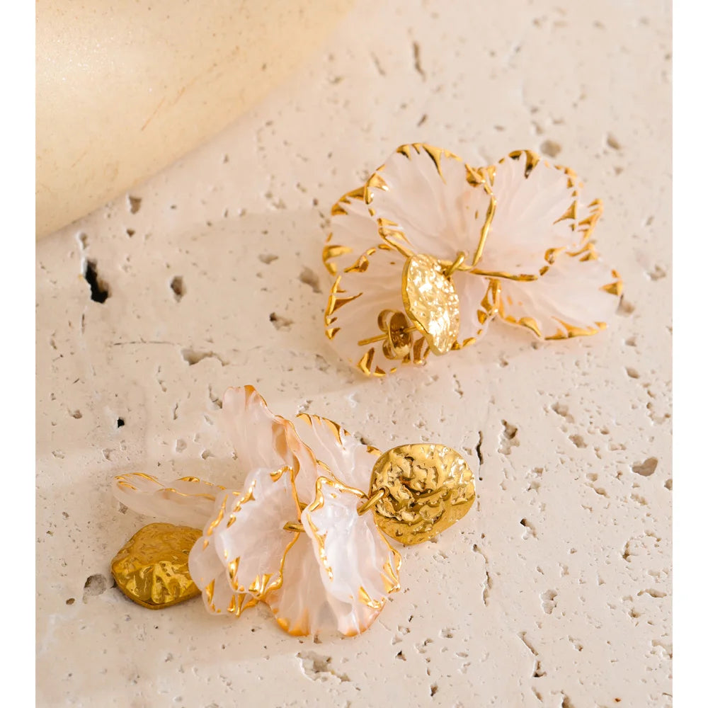 Fairy Resin Flower Petal Drop Earrings – Waterproof 18K Gold Plated Earrings | Ezra Gems