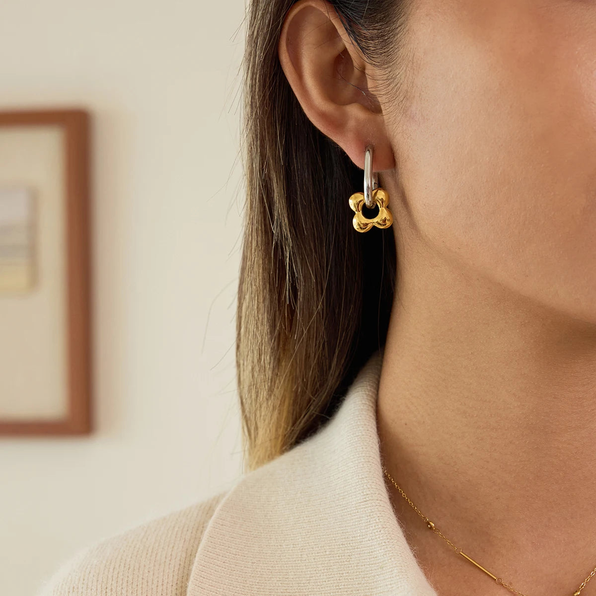 Hollow Flower Charm Huggie Earrings – Waterproof 18K Gold Plated Earrings | Ezra Gems