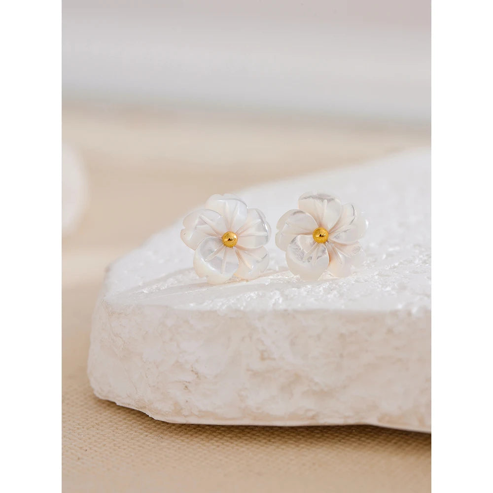 Natural Shell Flower Stud Earrings – Waterproof 18K Gold Plated Earrings | Ezra Gems