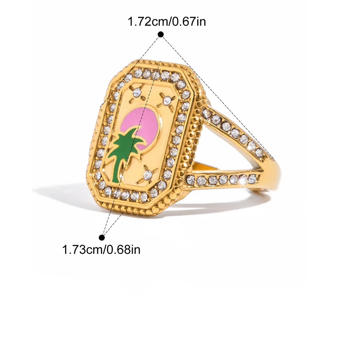 Gold ring with a palm tree design and measurements on a white background