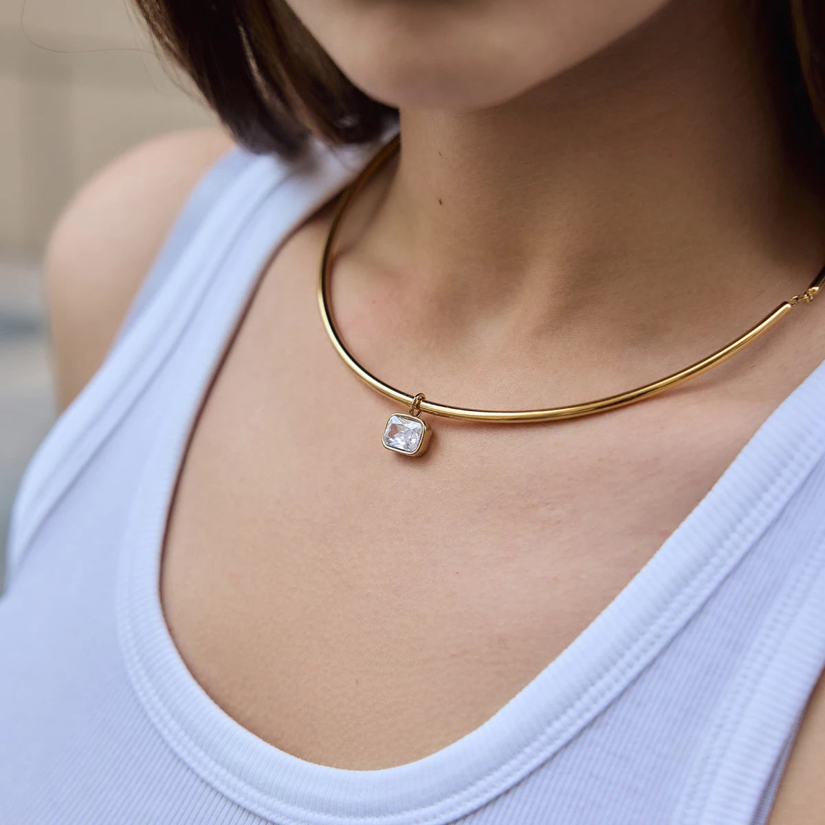 Zircon Charm Rigid Collar Necklace – Waterproof 18K Gold Plated Necklace | Ezra Gems