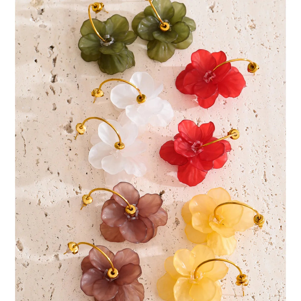 Resin Acrylic Flower Petal Drop Earrings – Waterproof 18K Gold Plated Earrings | Ezra Gems