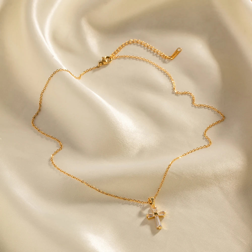 Baguette Zircon Cross Pendant Necklace – Waterproof 18K Gold Plated Necklace | Ezra Gems